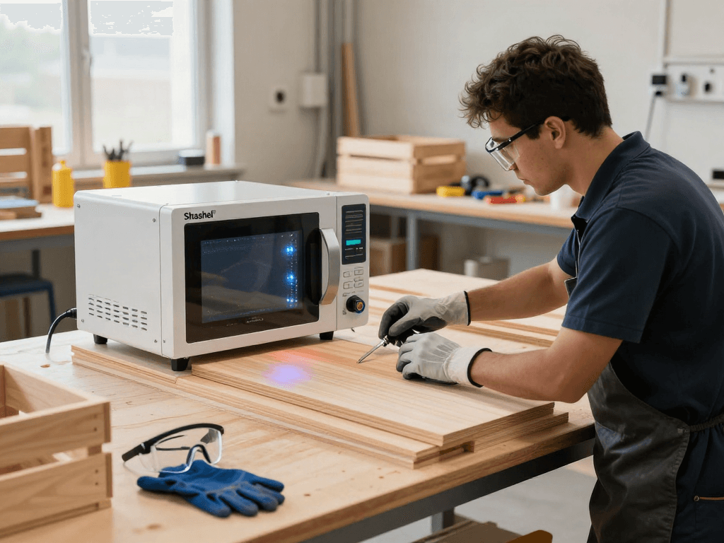 Traitement de bois écologique avec Shashel® dans un atelier moderne.