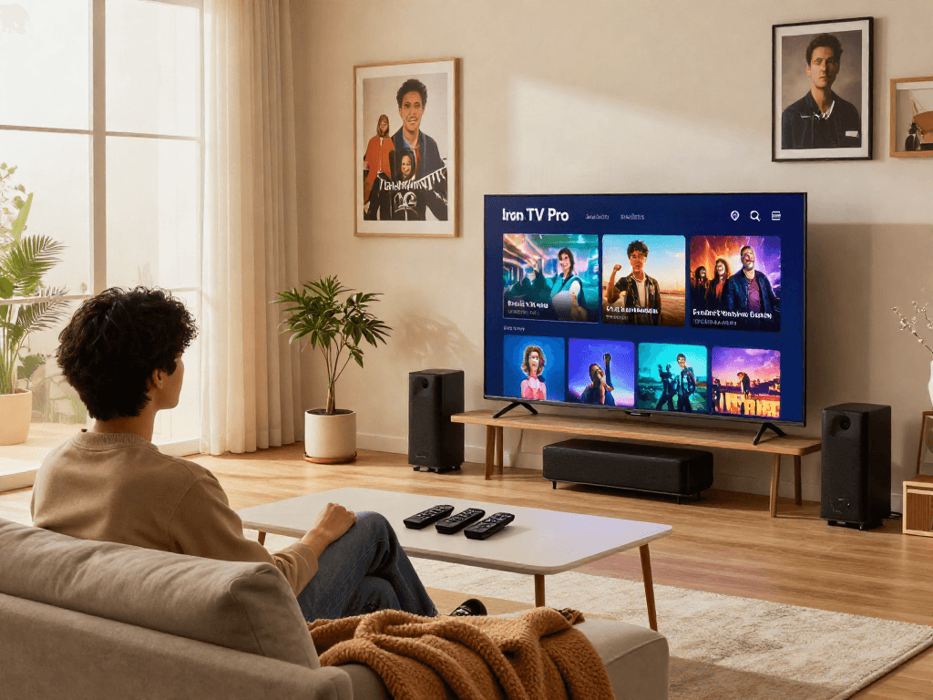 Configuration moderne de divertissement à domicile avec Iron TV Pro et ambiance chaleureuse.