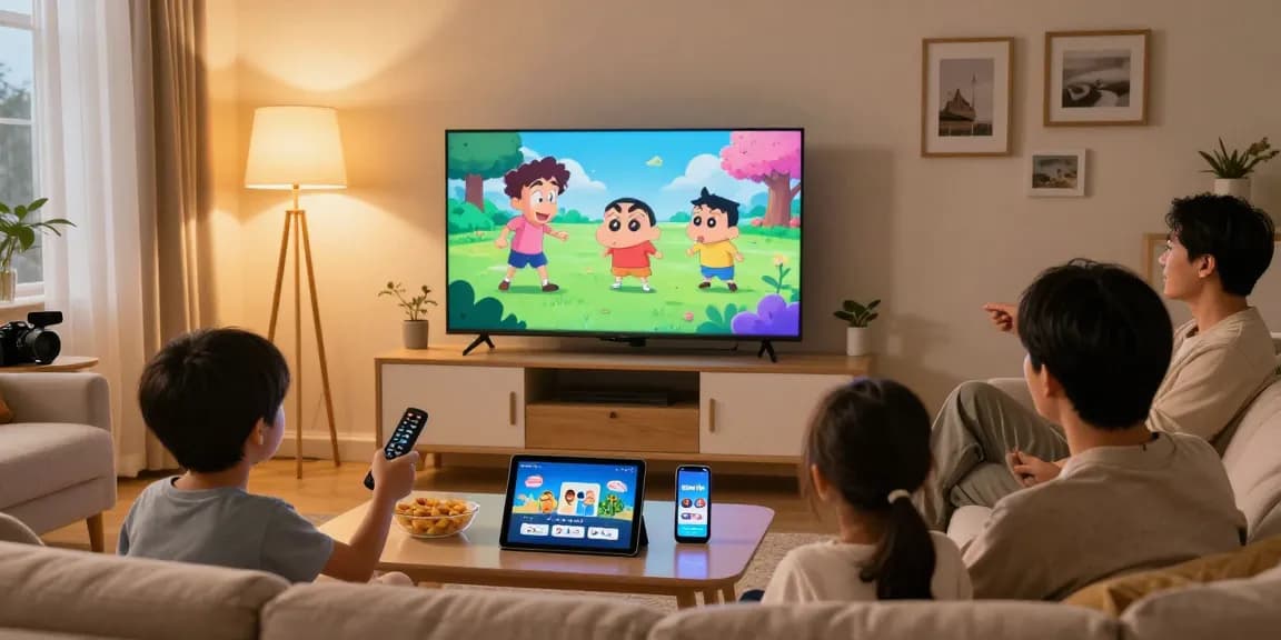 Famille profitant du streaming Iron TV sur Smart TV dans un salon accueillant