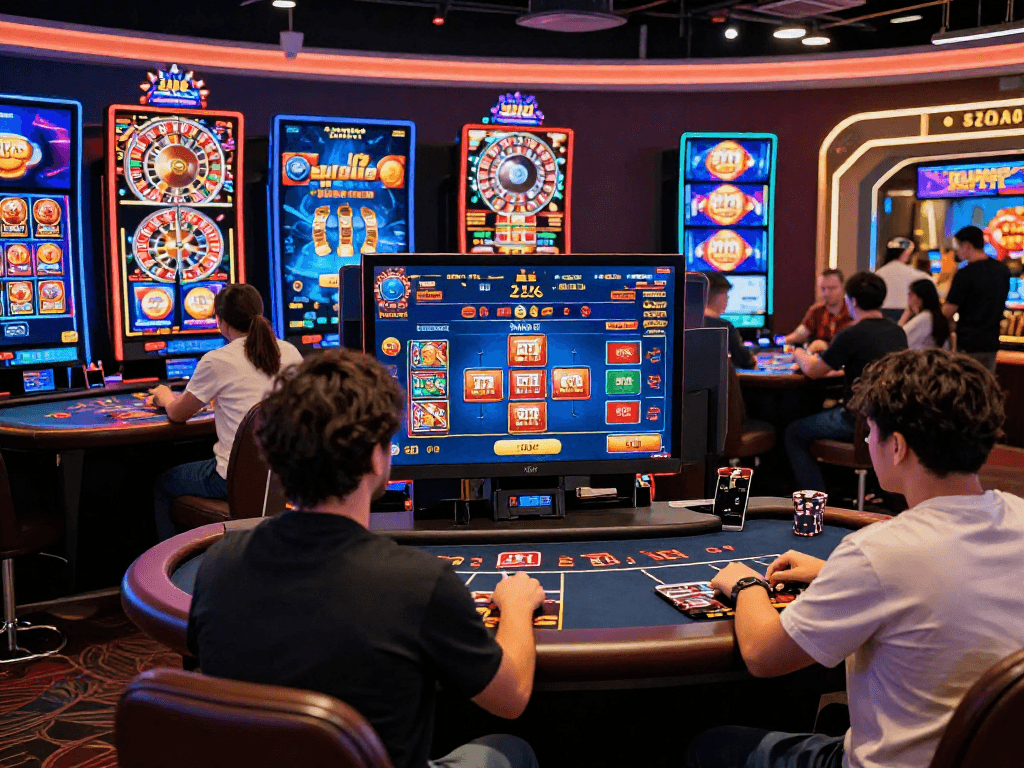 scène de jeu sur un nouveau casino en ligne, joueurs engagés avec des jeux, ambiance vibrant et excitante