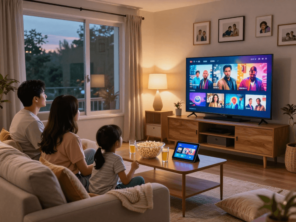 Famille regardant des films avec Atlas pro ontv dans un salon confortable, ambiance chaleureuse.