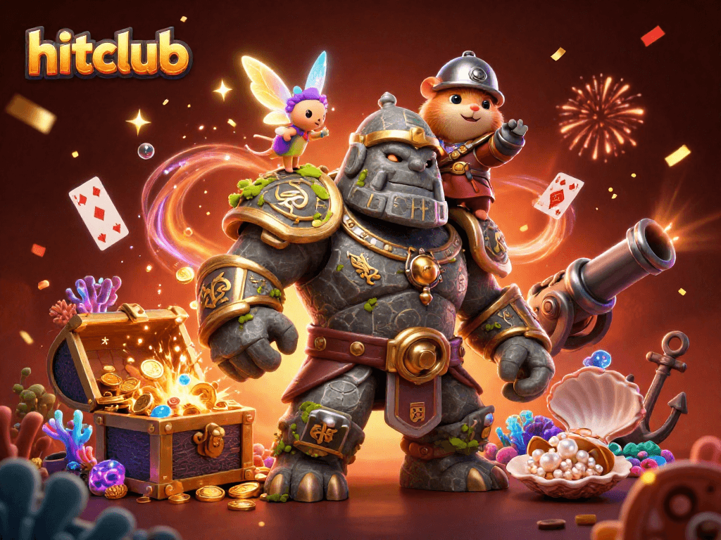 Engage with hitclub's thrilling games in a magical 3D illustration, featuring a golem guardian and enchanting elements.