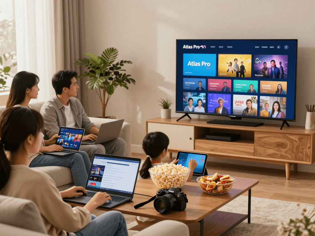 Famille utilisant Atlas Pro France pour le streaming dans leur salon confortable.