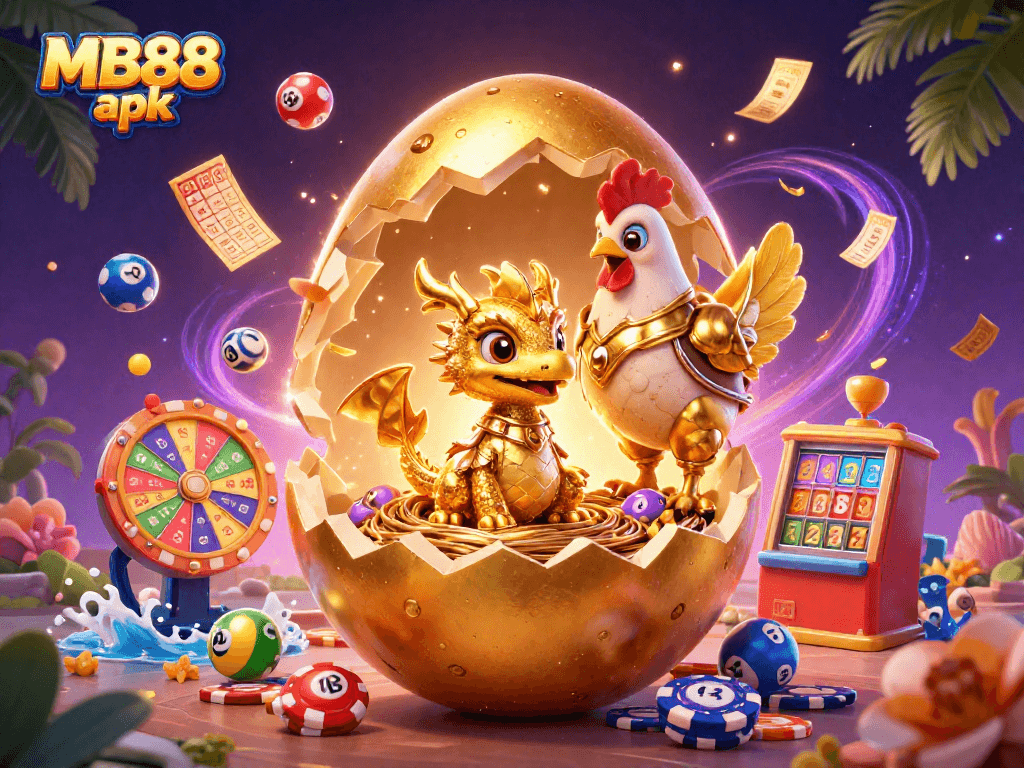 Experience thrilling games with MB88 apk as a golden dragon emerges from a nest of poker chips.