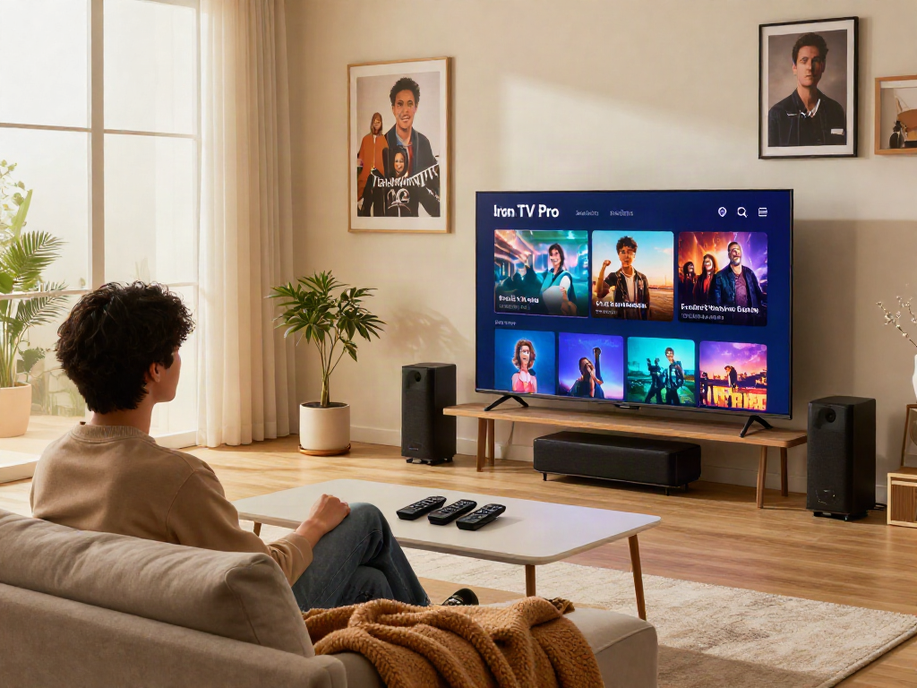 Configuration moderne de divertissement à domicile avec Iron TV Pro et ambiance chaleureuse.