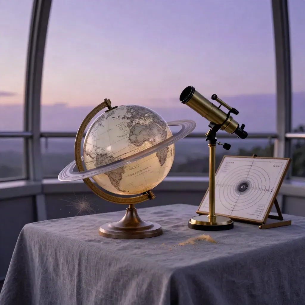 Petit globe de Saturne en résine devant un télescope, sous verrière au crépuscule.