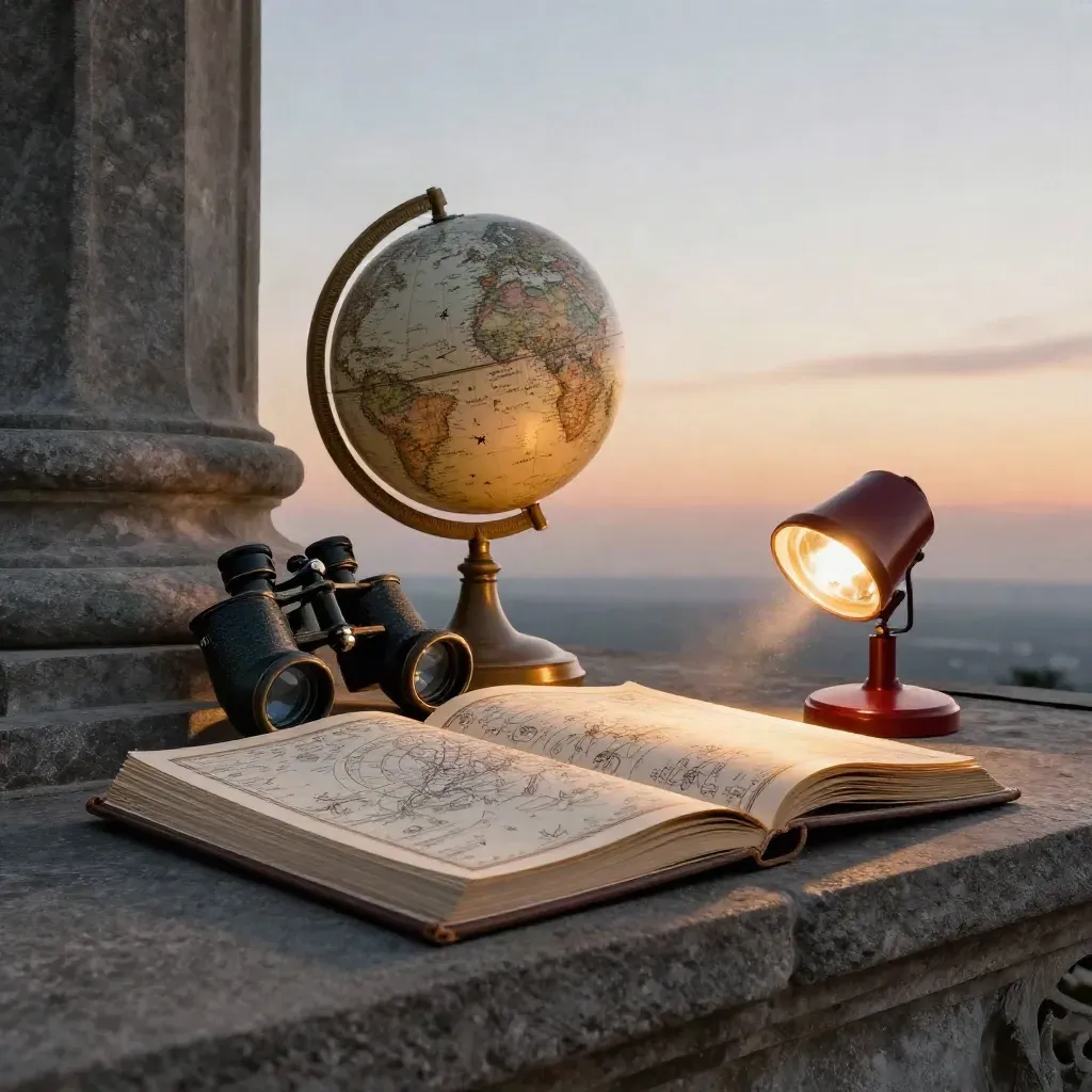Atlas céleste fermé, globe étoilé, jumelles pliées et lampe rouge sur un belvédère au soir.