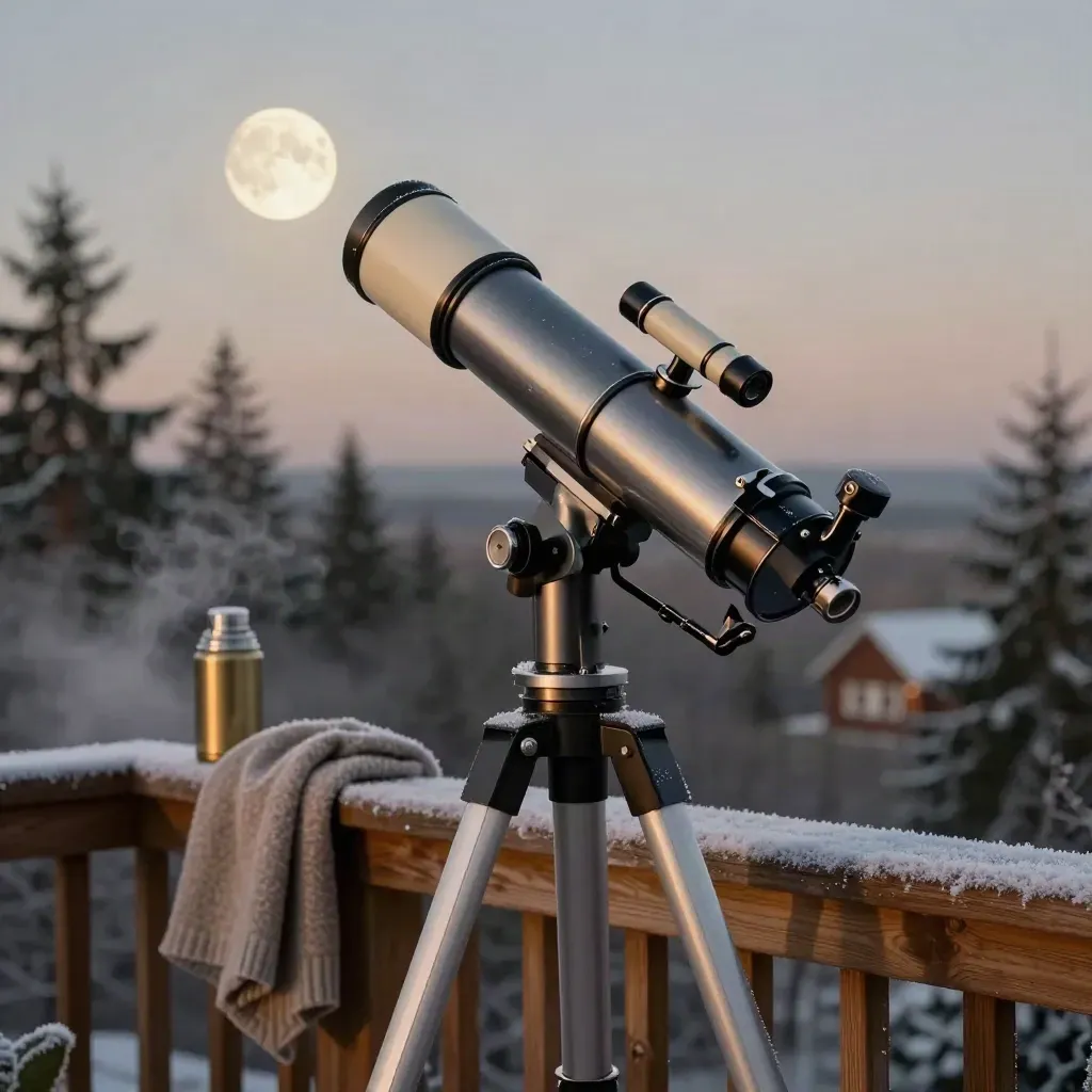 Une lunette astronomique pointe vers la Lune au-dessus d’une rambarde en bois, dans l’air froid.
