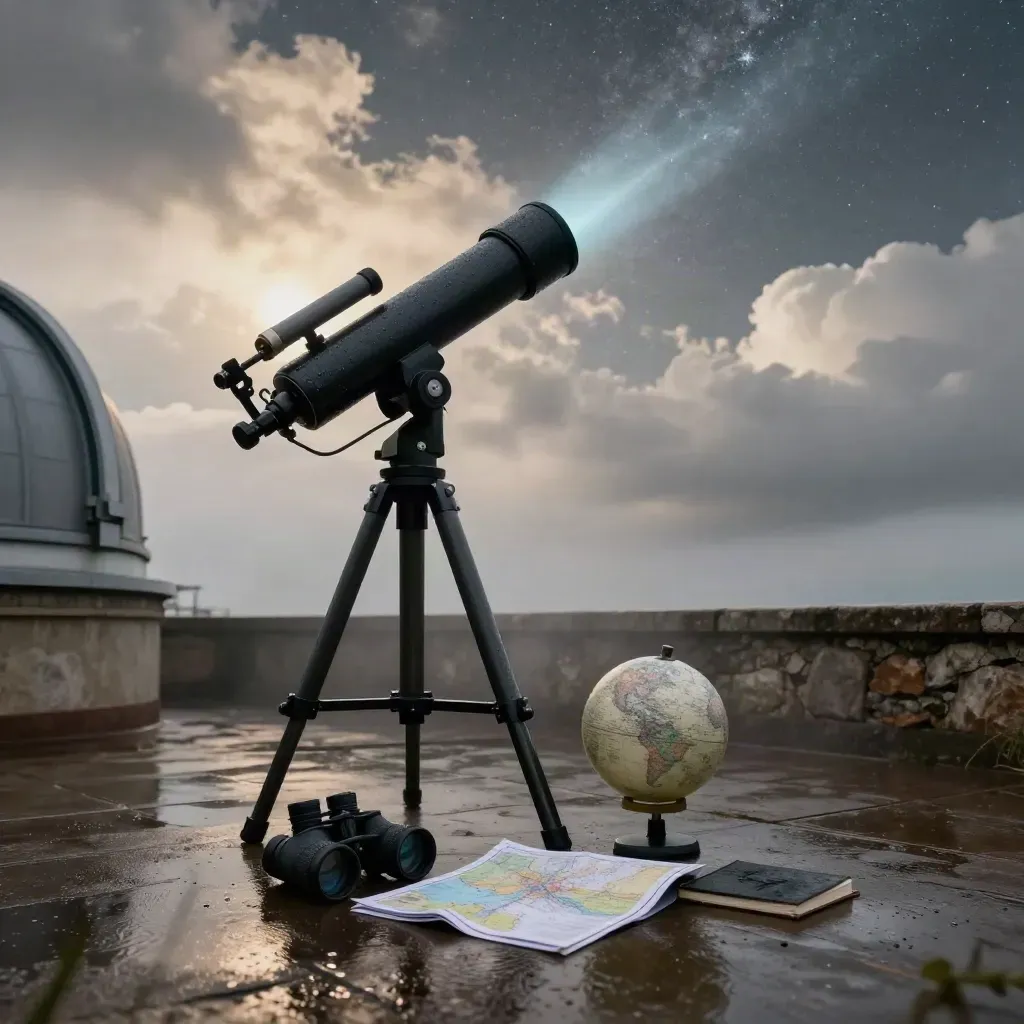 Télescope Dobson sur terrasse humide, jumelles, carte du ciel, globe lunaire, ciel nocturne brumeux.