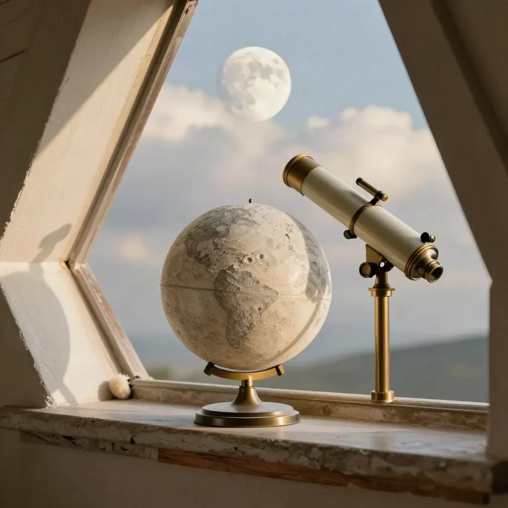 Globe lunaire en plâtre et petite lunette sur un rebord de fenêtre de toit, lune dans les nuages.
