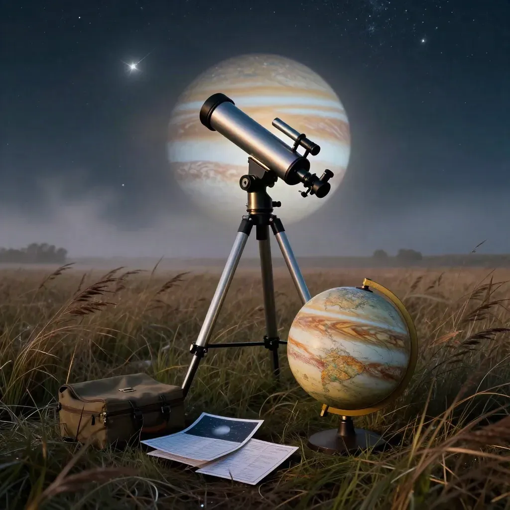 Télescope dans un champ, globe de Jupiter et cartes de nuit sous un ciel qui se dégage.