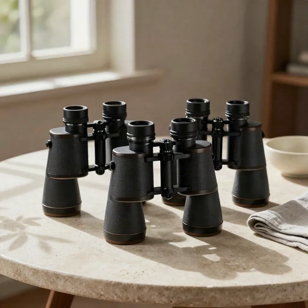 Plusieurs jumelles d’astronomie sur une table en pierre, tissu plié et coupelle en céramique, lumière douce.