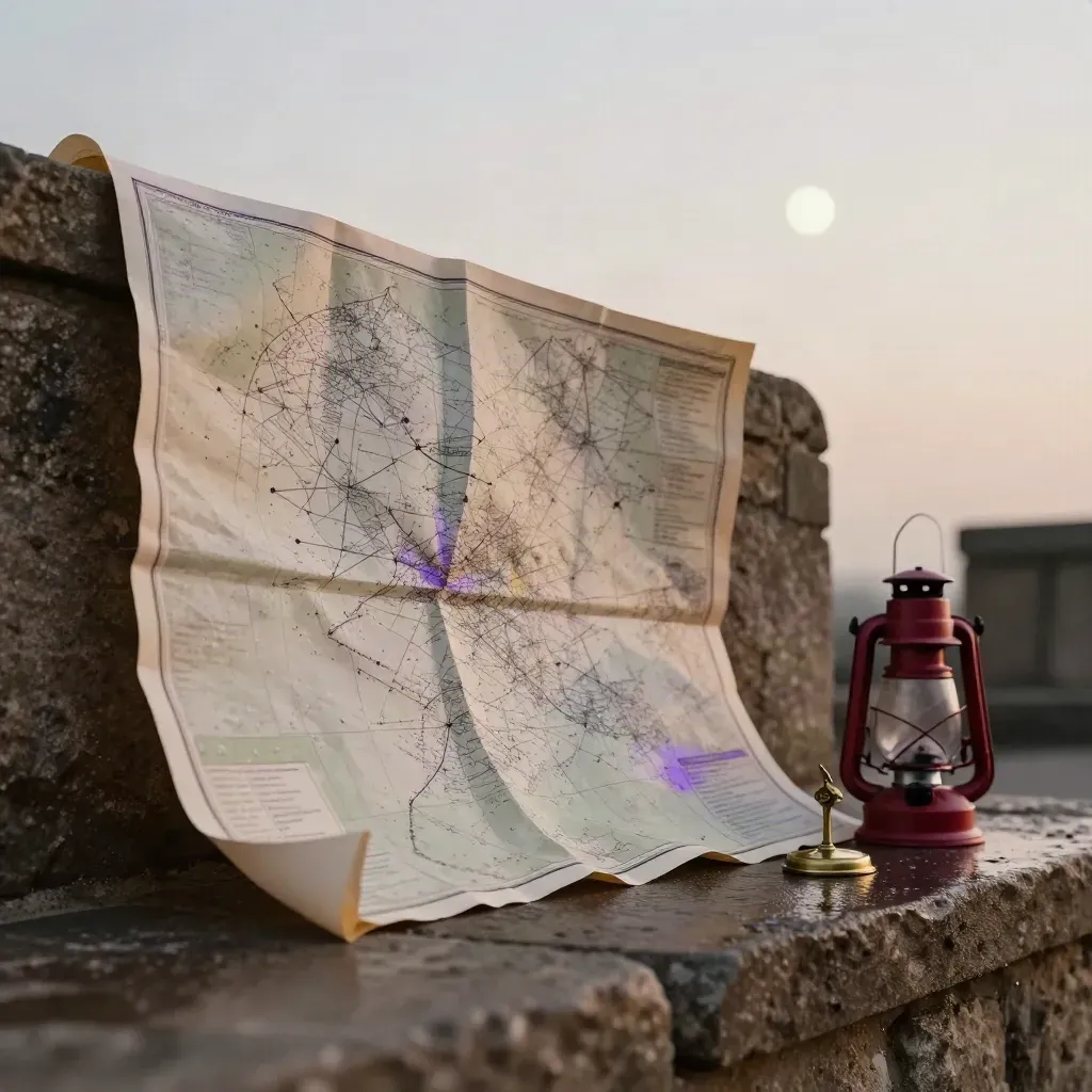 Carte céleste souple, lampe rouge et support en laiton sur muret humide, nuit fraîche.