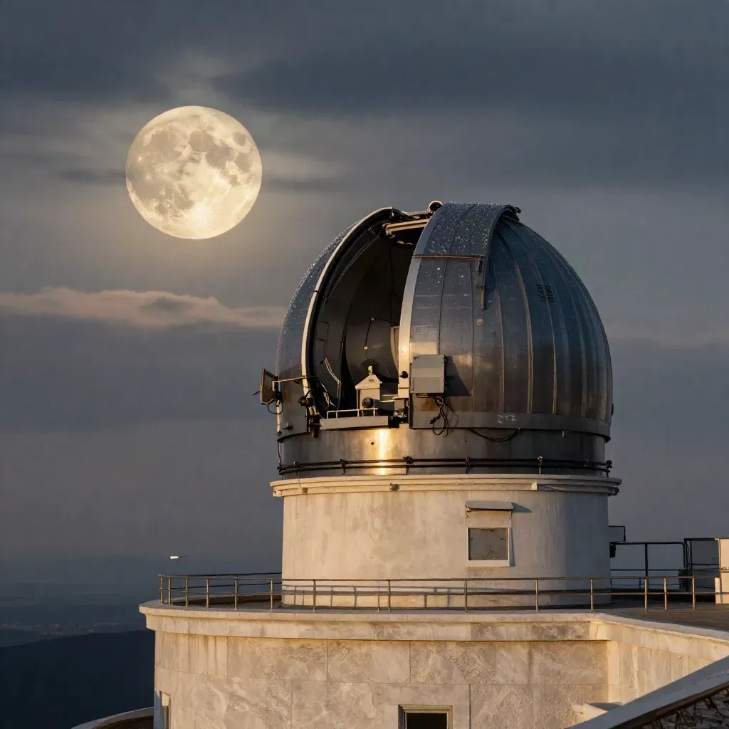 Télescope de toit au crépuscule, la Lune surgit derrière les nuages sur une plateforme d’observatoire.