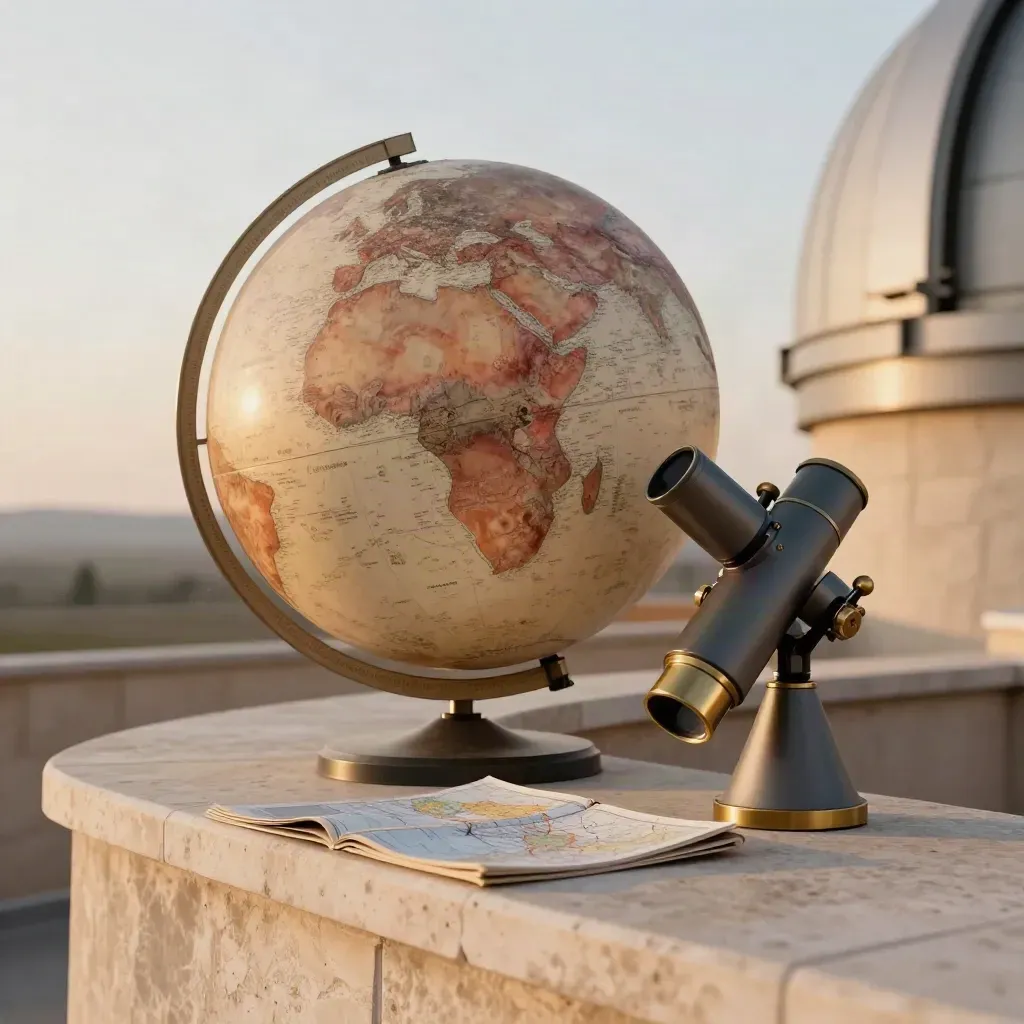 Globe de Mars, petit télescope et carte de reliefs sur une terrasse au crépuscule.