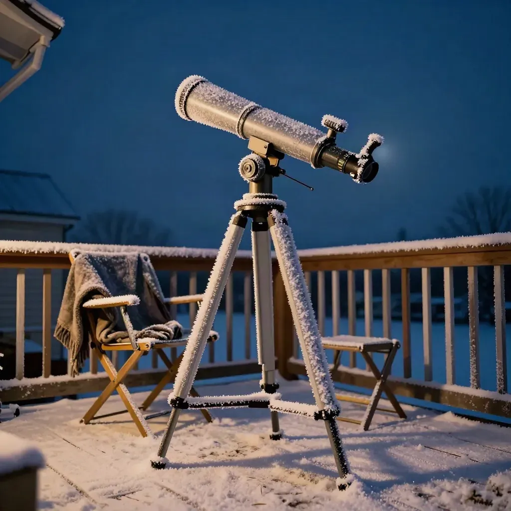 Télescope givré sur terrasse enneigée, couverture et chaise pliante sous un ciel d’hiver.