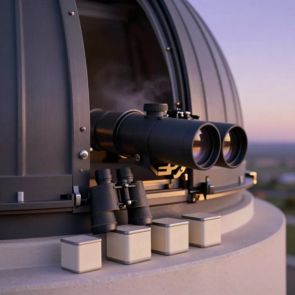 Gros plan d’une coupole d’observatoire qui s’ouvre avec télescope, jumelles et cubes pédagogiques.