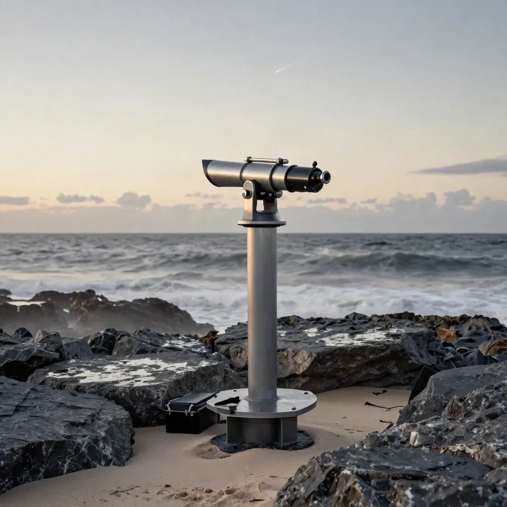 Une lunette près de la mer sous une comète, brume salée et ciel laiteux.