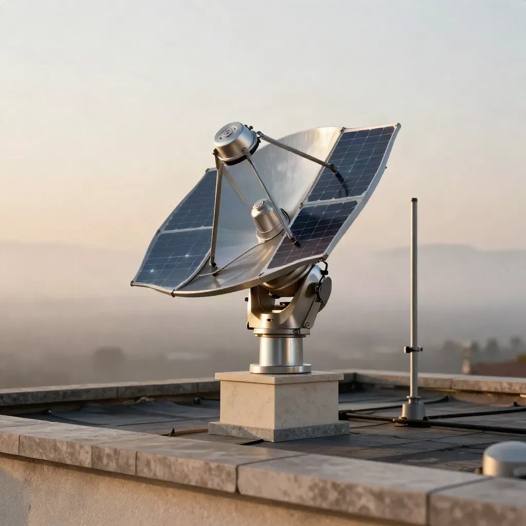 Maquette de satellite argenté près d’une antenne de toit, dans une brume douce au matin.