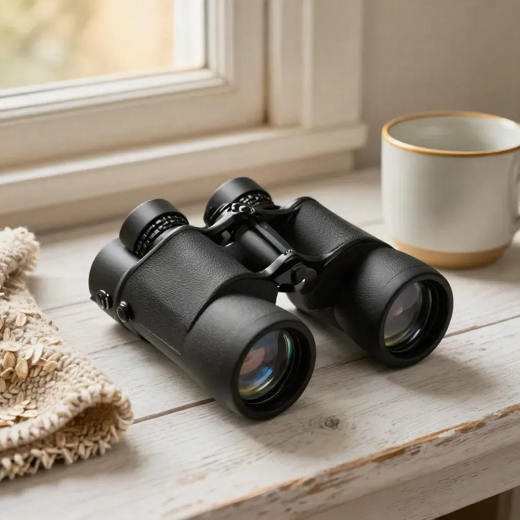 Jumelles compactes, couverture pliée et tasse en céramique sur bois clair.