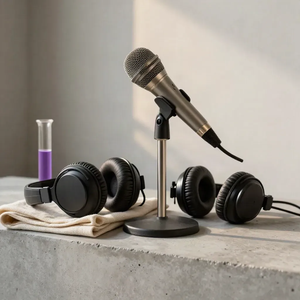 Micro d’interview, casque plié et éprouvette teintée sur béton clair, lumière douce.