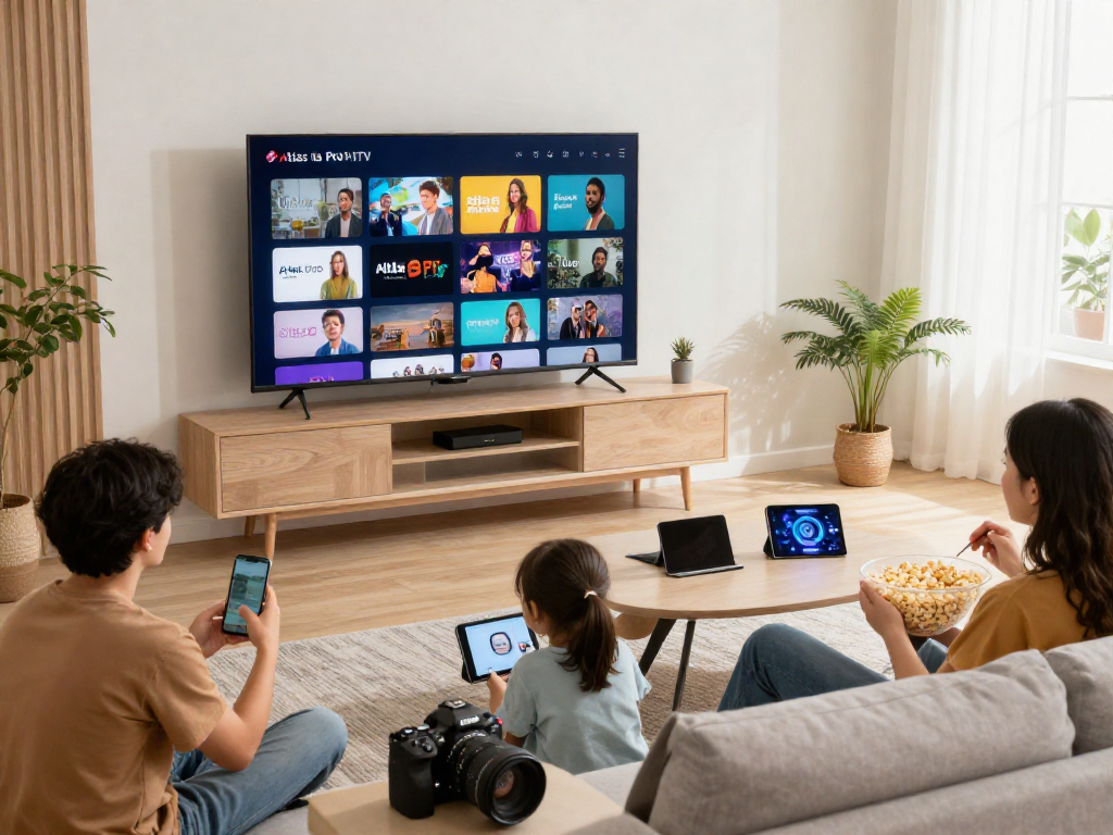 Famille profitant d'Atlas pro ontv dans un salon moderne avec télévision affichant des chaînes IPTV.